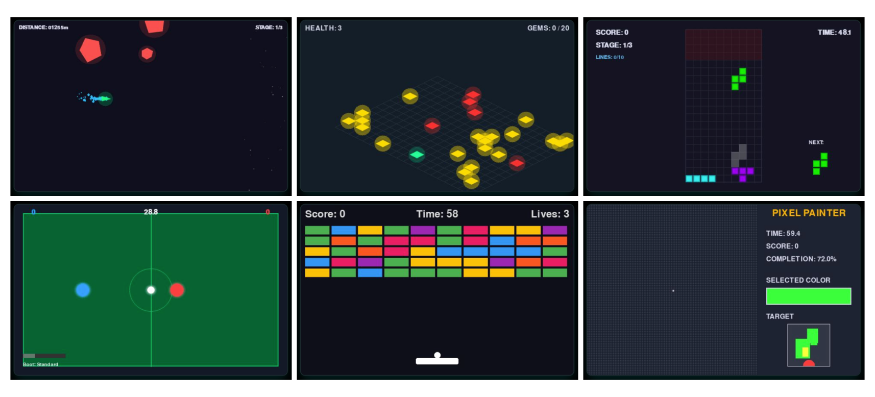 Example EnvCraft environments. Six representative rendered observations from distinct generated games, illustrating diversity in mechanics and visual style whilst sharing the fixed 84$$84$$3 RGB observation and MultiDiscrete([5,2,2]) action interface.